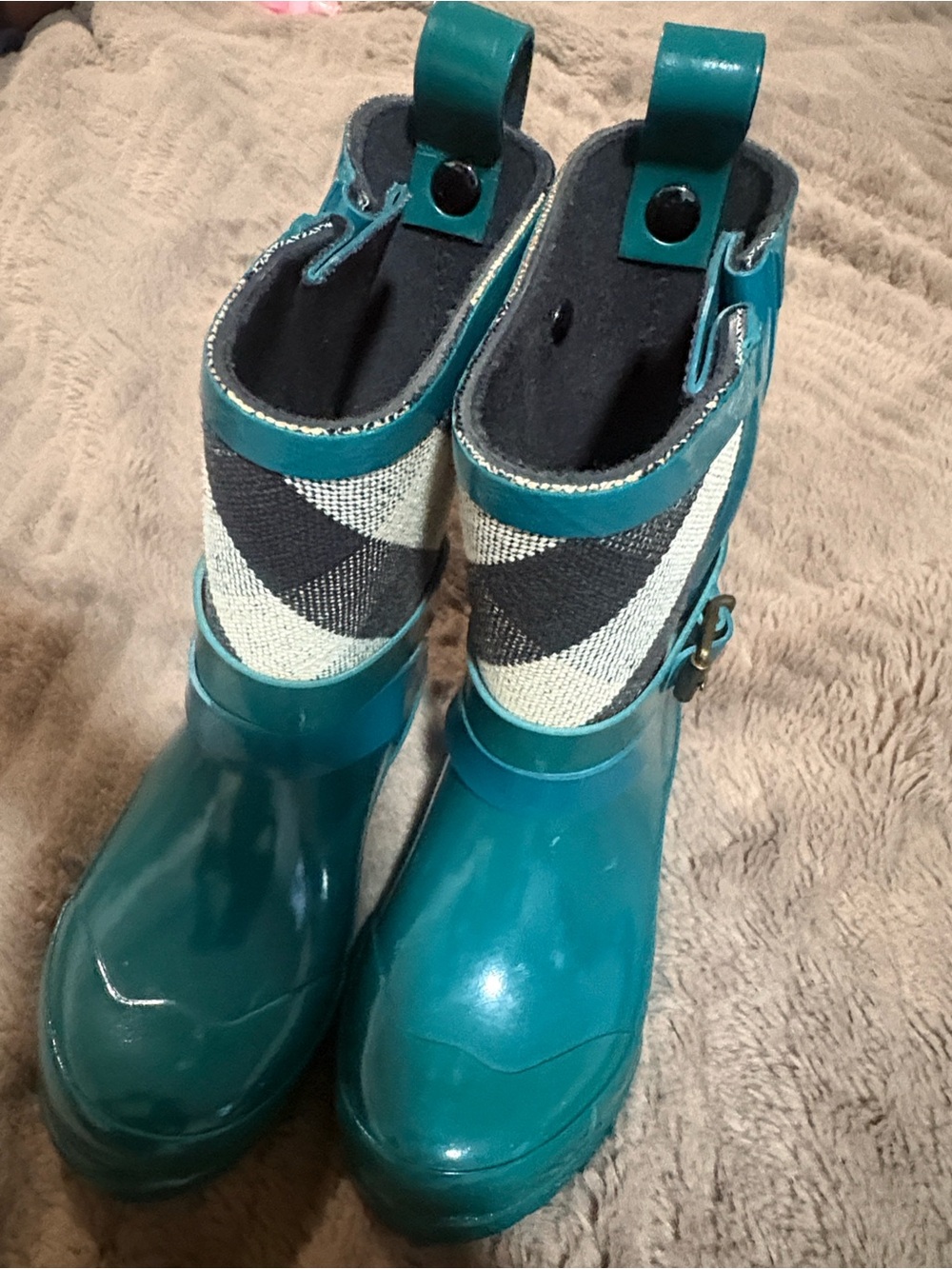 Burberry Teal Short Rain Boots with Plaid Upper